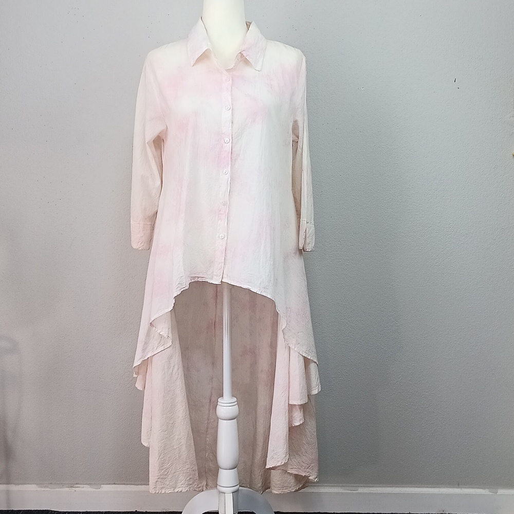Women's Pink / White High Low Button Down Long Sleeve Flowy Top Sz L Coquette - Picture 3 of 14